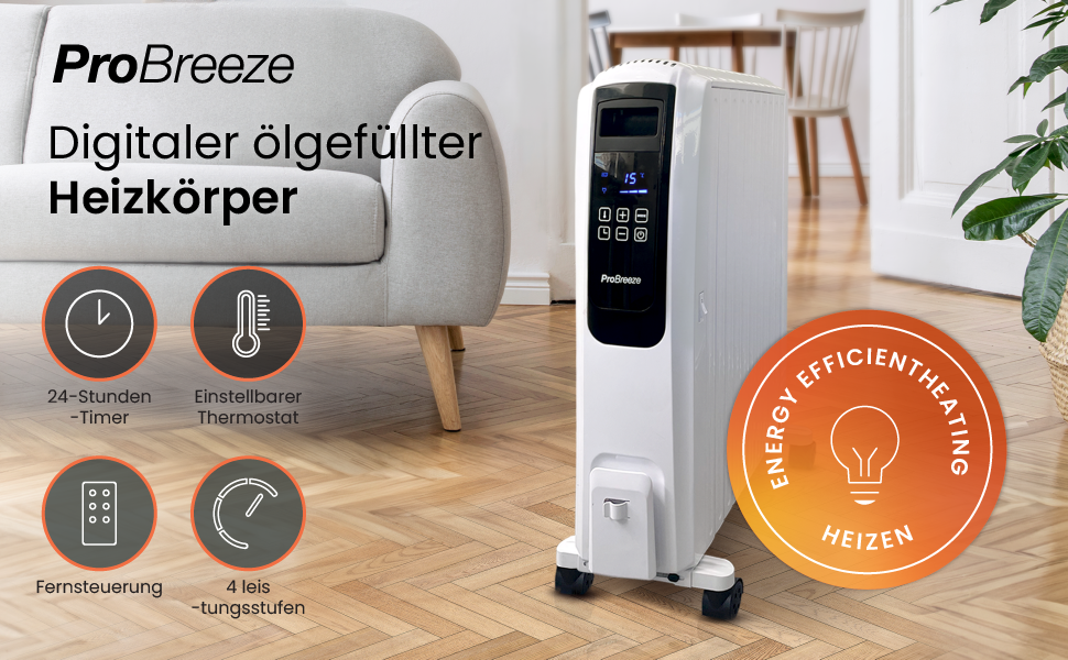 Радіатор масляний Pro Breeze Premium 2500W з цифровим дисплеєм та пультом дистанційного керування, 10 ребер, 4 режими, таймер, термостат, захист від перегріву