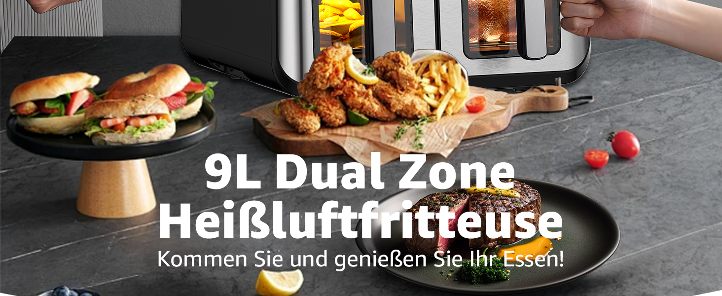 Фритюрниця повітряна Jacgood з 2 кошиками, 1800W, 9L, цифрове керування, 8 меню, з прозорим вікном