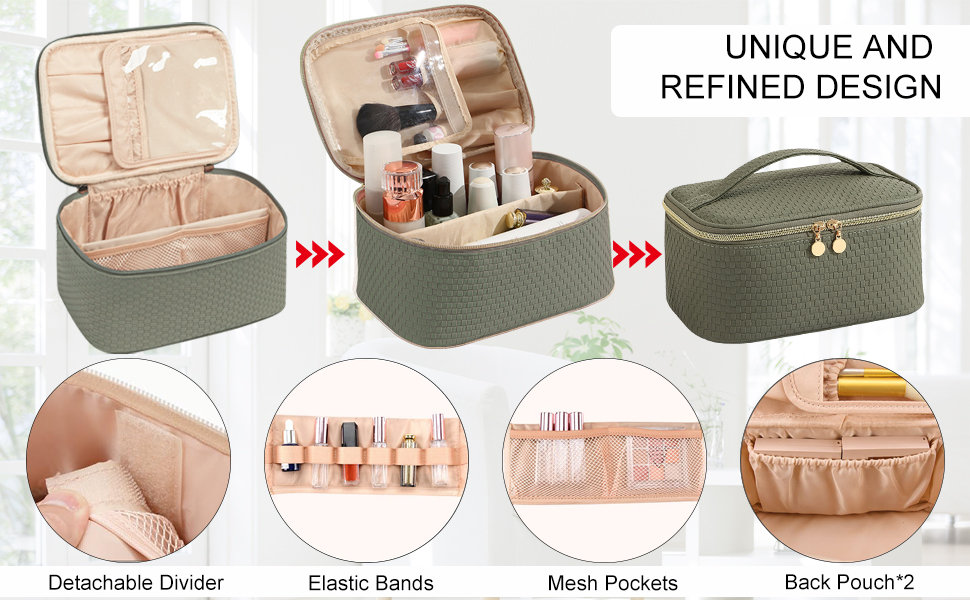 Жіноча косметичка для подорожей, водонепроникна, з відділенням для пензлів, з PU шкіри, велика, зелена (матічас)