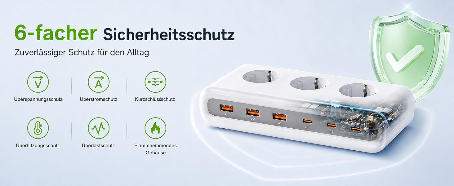 Мережевий фільтр 9-в-1: подовжувач на 3 розетки та USB зарядна станція, білий