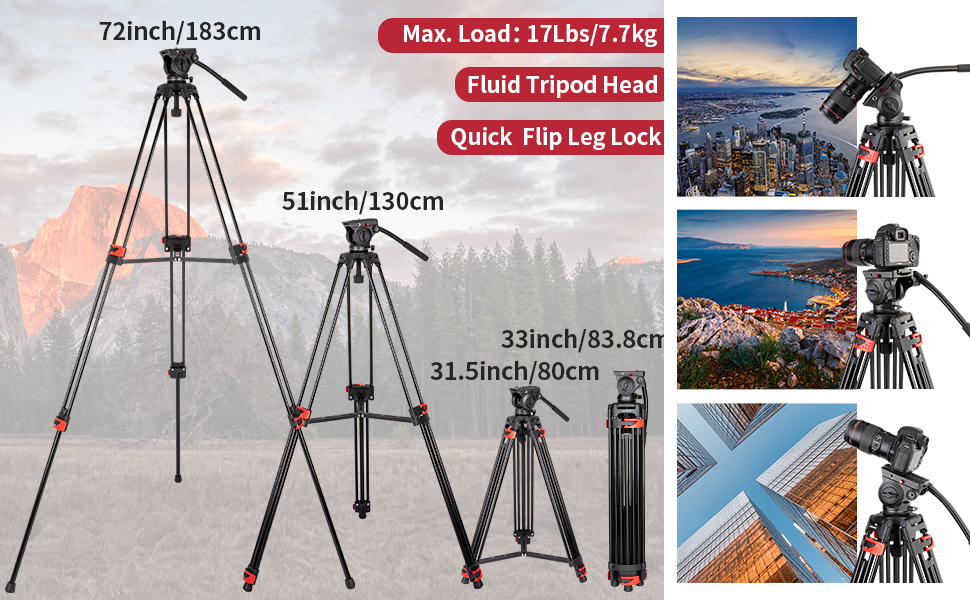 Штатив важкий 183 см, Lusweimi Професійний штатив для відеокамери з алюмінію, 2 швидкісні пластини, 360° Fluid-головка, середній розширювач, Макс. навантаження 7.7 кг