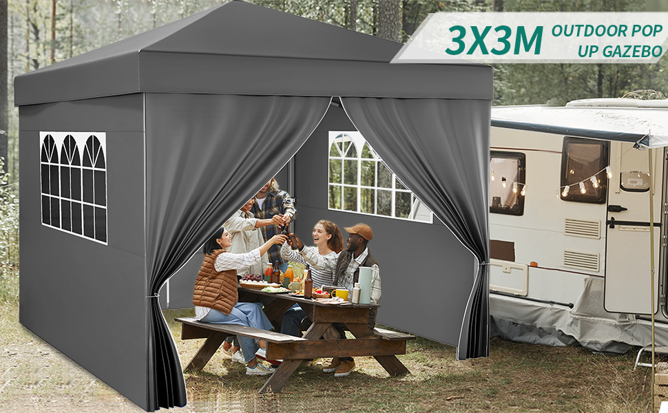 YITAHOME водонепроникний розкладний садовий павільйон 3x3 м, антивандальний тент для відпочинку, кемпінгу, вечірок, з регульованою висотою, захистом від UV, темно-сірий