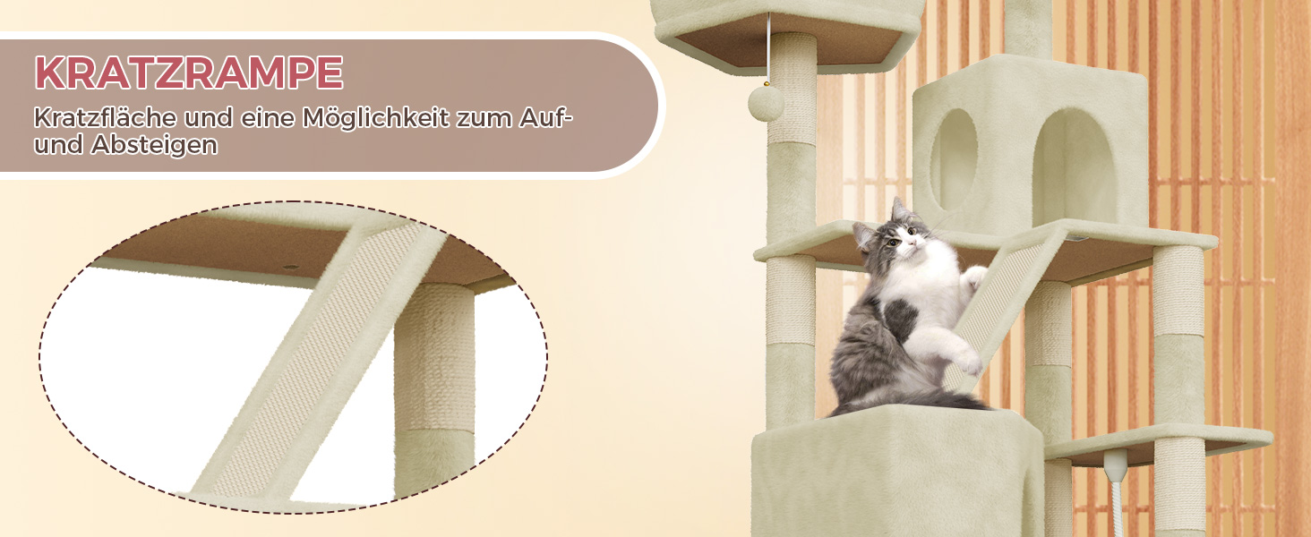 Великий котячий будиночок Kratzbaum 208 см з 3 анти-перекидною системою. Стабільний котячий будиночок XXL з 15 стовпчиками для дряпання, 2 платформами, 2 печерами, 1 рампою для дряпання та гамаком. Для великих котів (Бежевий)