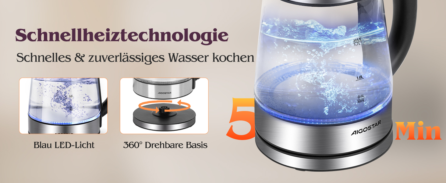 Електричний чайник Aigostar 1.7л, 2200W, LED, без BPA, скло Borosilikat, фільтр від накипу, чорний (Chubby)