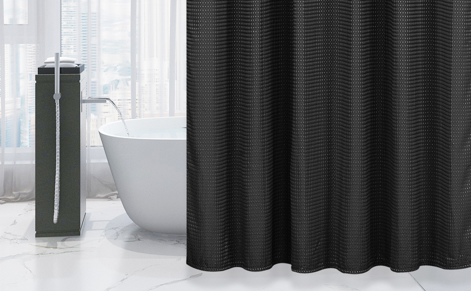 Шторка для душу Waffel 183x198 см - текстильна, поліестер, з магнітною стрічкою та 12 кільцями, непрозора та водонепроникна для ванної кімнати (Чорний, 183x198 см)