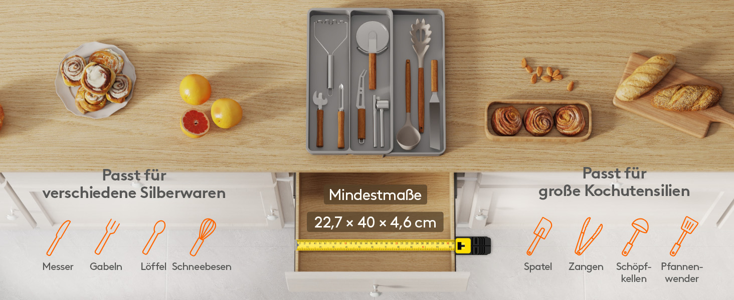 Органайзер для столових приладів Lifewit в шухляду, розширюваний 43.9 см, сірий, 40 см глибина, для кухні, ложок, ножів, лопаток