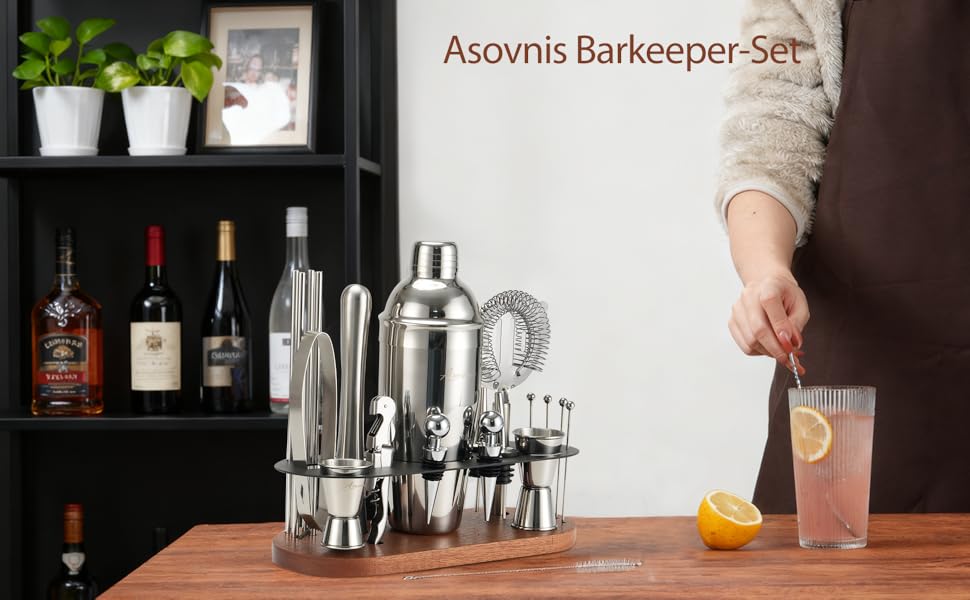 Набір бармена на 23 деталі з підставкою | Набір шейкерів для коктейлів з інструментами: шейкер Мартіні, сито, ложка, мадлер, для дому, бару, вечірки (колір коричневий)