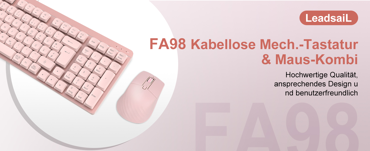 Leadsail FA98 Бездротова Механічна Клавіатура та Миша, 98 Клавіш, QWERTY, Рожевий Колір, 1600 DPI для PC, MacOS, Windows