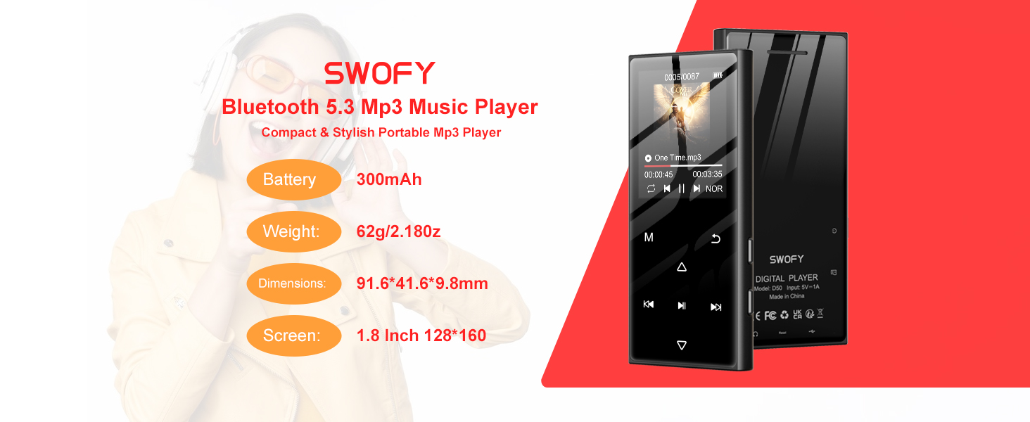 MP3-плеєр SWOFY 128GB з Bluetooth 5.3, 1.8