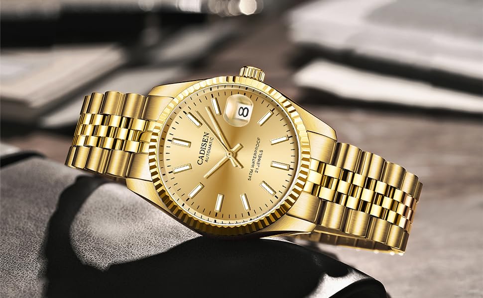 Годинник CADISEN Automatik для чоловіків: механічний годинник з сапфіровим склом та сталевим браслетом, модель 8053 Gold