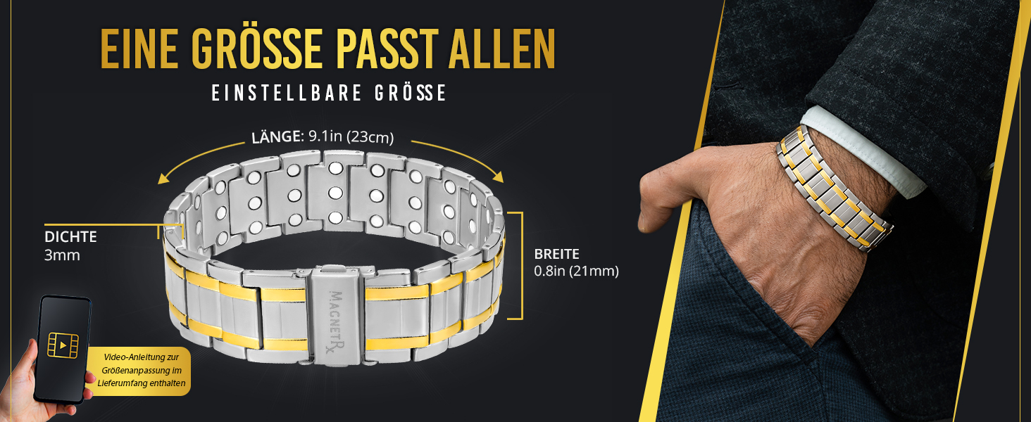 Браслет-магнітотерапія MagnetRX® Titan для чоловіків - титановий, регульований, з надійним застібкою (срібло/золото)