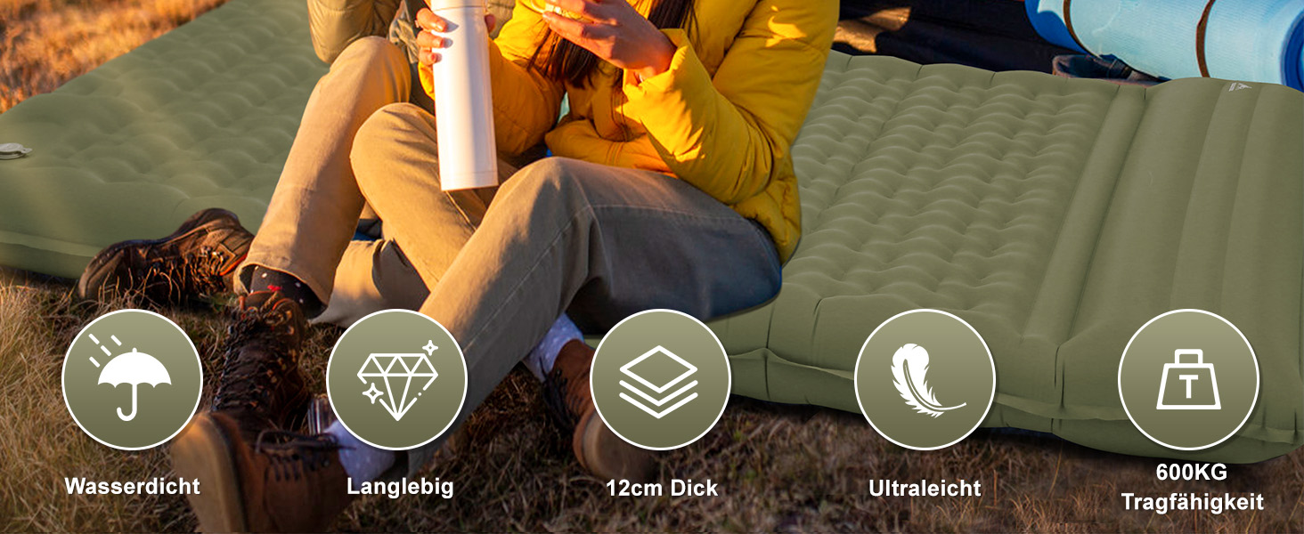 IEEILULU Self-Inflating Camping Mat for 2 People - 196x140cm Sleeping Pad with 12cm Thickness - Ideal for Outdoor Hiking, Tent, and Backpacking (Green)