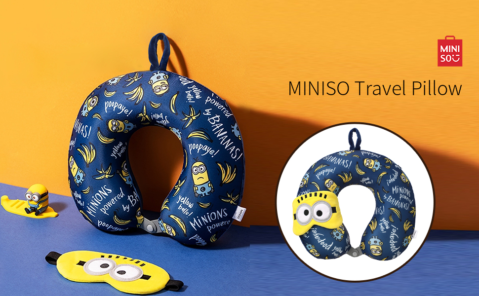 Дитяча дорожня подушка для шиї Miniso Minions з маскою для сну, анатомічна подушка з ефектом пам'яті (Memory Foam) для літака, авто та поїздів