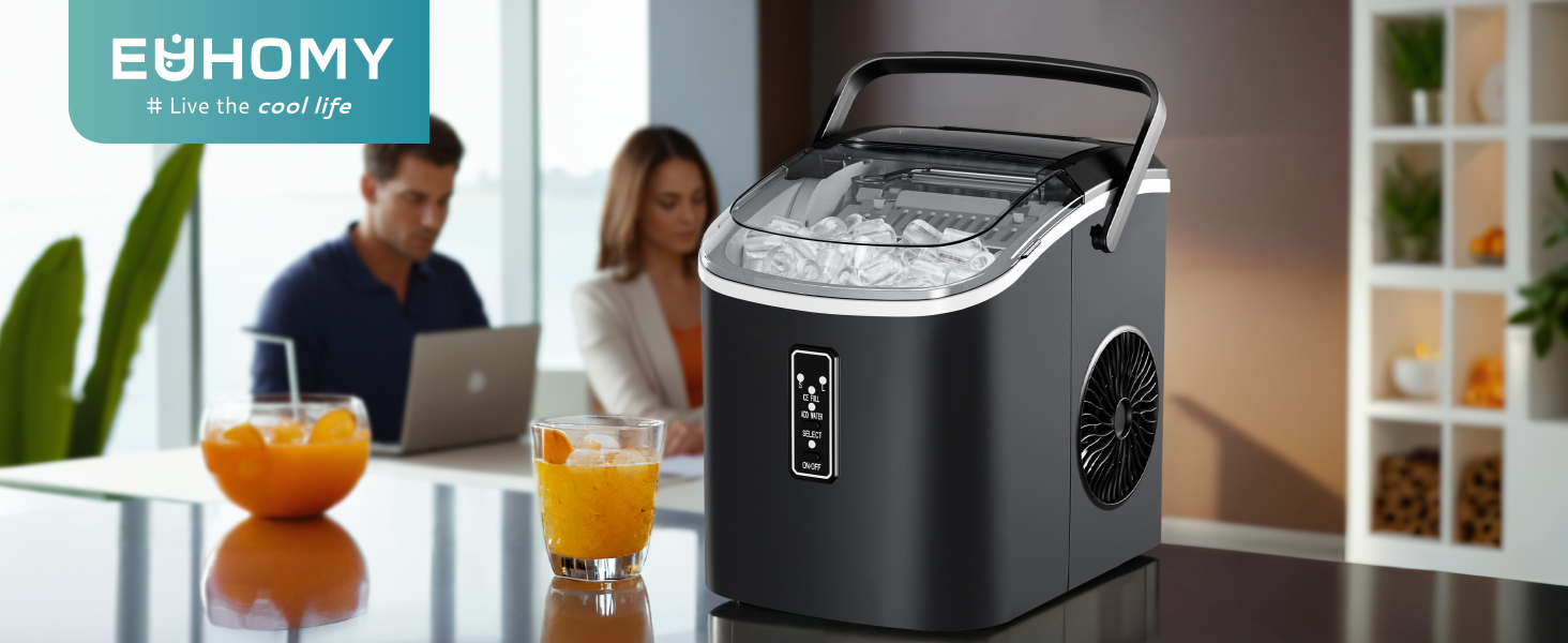 EUHOMY Ice Maker - Compact Portable Ice Machine for Home & Kitchen - Makes 9 Cubes in 6 Minutes, 12kg/Day, Self-Cleaning, 2 Sizes, Black, 1.2L