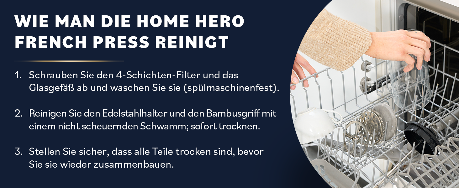 Френч-прес для кави Home Hero – 963.9 г, з бамбуковим руків'ям, скло Borosilikat, нержавіюча сталь, 4-шаровий фільтр, чорний