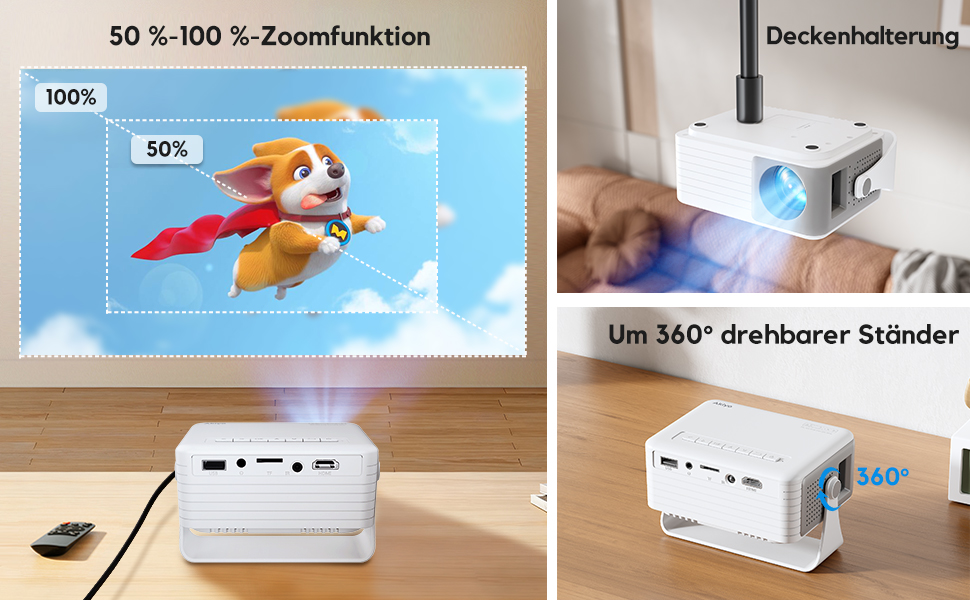 AKIYO O1 Міні проєктор: Автоматична корекція трапецеїдальних спотворень, 1080P, 360° обертів, 15000 люмен для домашнього кінотеатру, 50% зум, сумісність з USB/HDMI/TV Stick/Smartphone