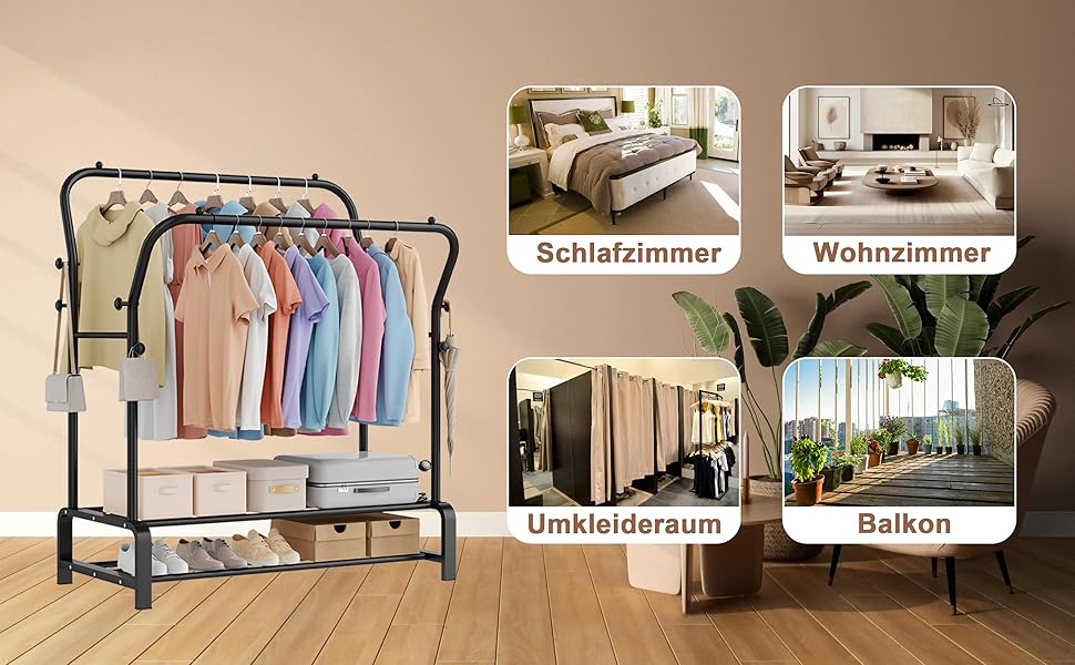 Вішалка для одягу металева подвійна Stabil з 8 гачками та 2 полицями для взуття, чорна – функціональна стійка для спальні