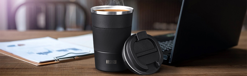 Термокружка HASAGEI з нержавіючої сталі 380 мл, чорна: термоізоляція, без витоку, для кави, чаю та води