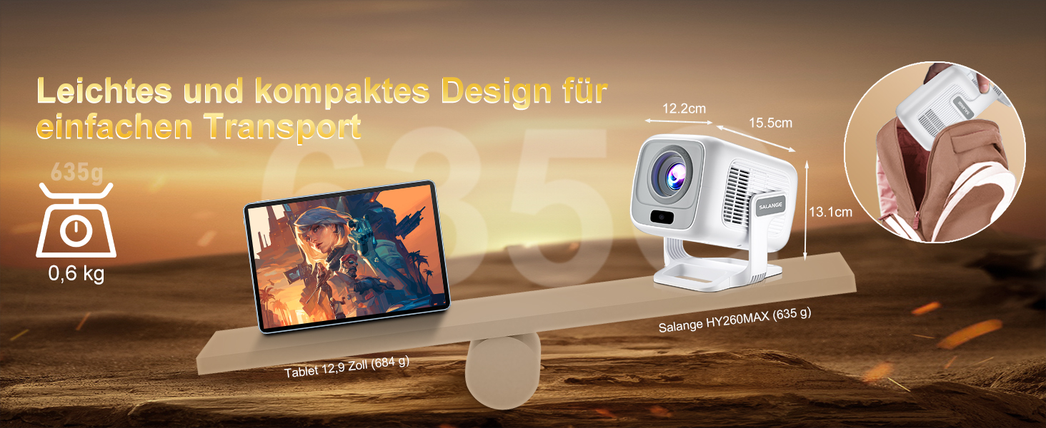 Mini проєктор Salange 2026,8K з Android, WiFi 6, Bluetooth 5.4, авто-корекція Keystone, портативний, для дому та на вулицю, 270° обертання, білий (Sala260max)