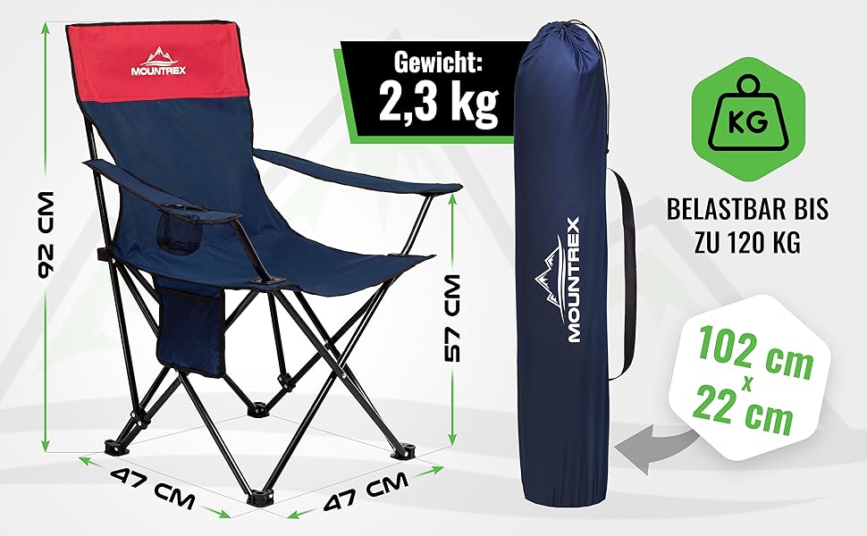 Крісло для кемпінгу MOUNTREX складне (до 120 кг) - регульовані підлокітники, для риболовлі, пляжного відпочинку, компактне та легке, з підстаканником та сумкою, чорне