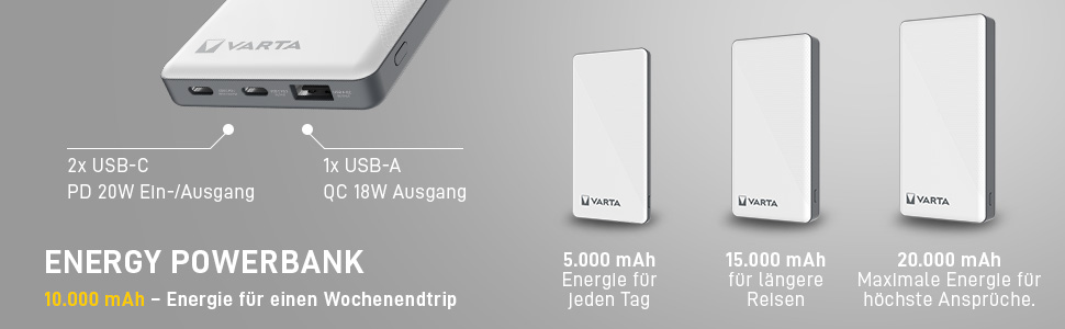 Повербанк VARTA Power Bank Energy 10000 mAh, 20W, USB-C та USB-A, Li-Polymer, з функцією Pass-Through та LED-індикатором