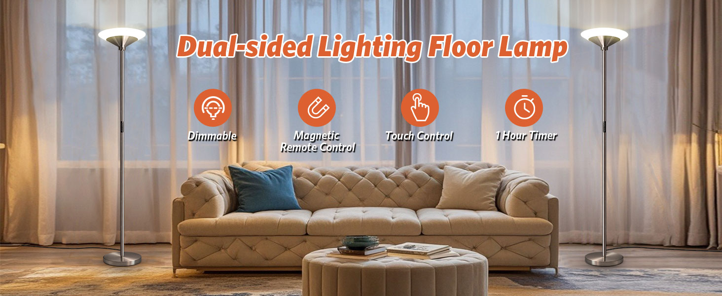 LED торшер BBHome для вітальні з регулюванням яскравості, 27W, з лампою для читання 6W, дистанційним керуванням та сенсором, 3000K-6500K, срібний