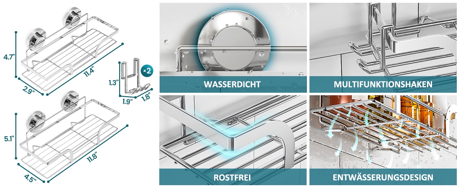 Поличка для душу TAILI без свердління, регульована, набір 2 шт. з гачками, нержавіюча сталь, чорний/срібний, органайзер для душу, кухні, ванної кімнати