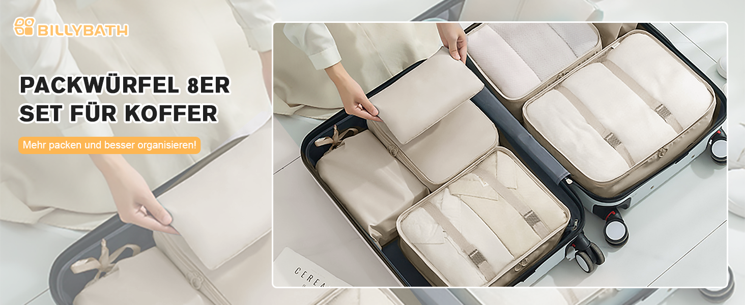 Органайзер для валізи BillyBath, Набір для подорожей (8 шт., сірий): Косметичка, кубики для пакування, сумки для взуття