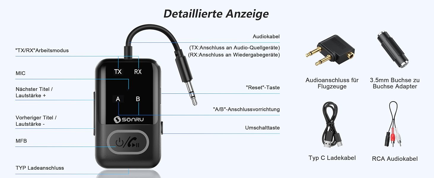 Bluetooth 5.3 адаптер-трансмітер SONRU 2 в 1, приймач та передавач AUX 3.5мм для навушників, телевізора, авто та літака, глибокий чорний