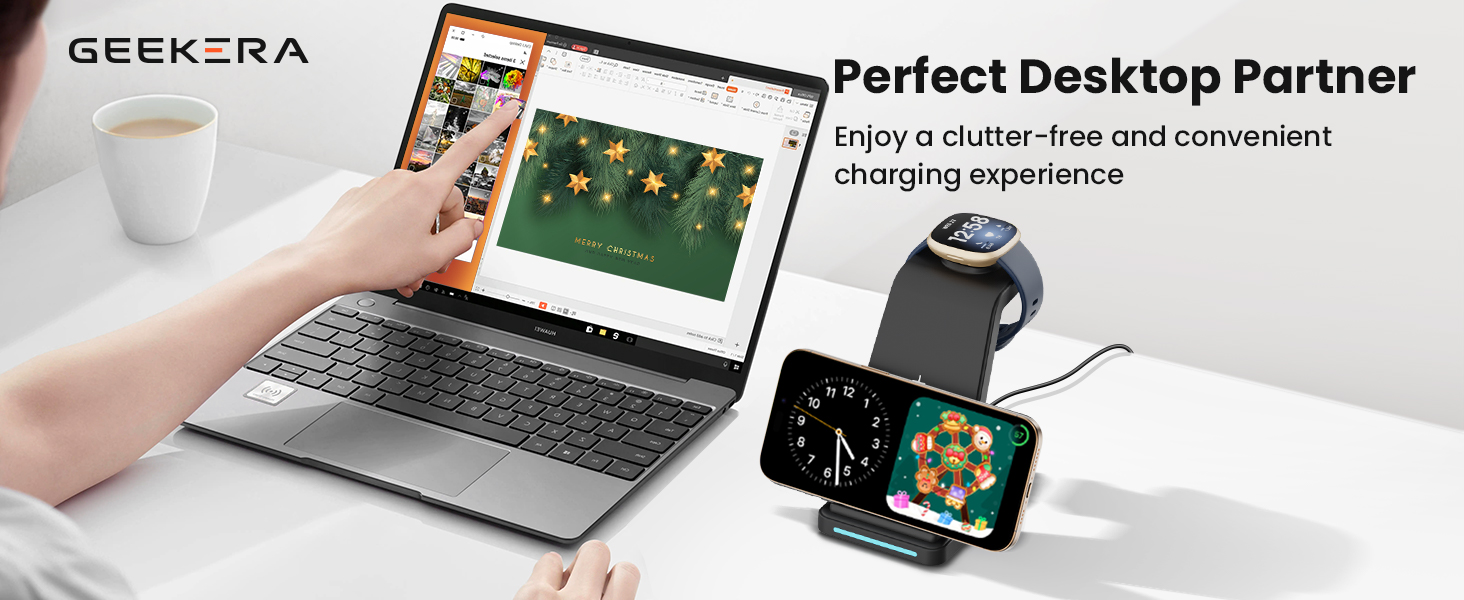 Зарядна станція GEEKERA 3-в-1 для бездротової зарядки Google Pixel Watch 3/2, Fitbit Versa 4/3/Sense 2, iPhone, Pixel, Samsung (Чорний матовий)