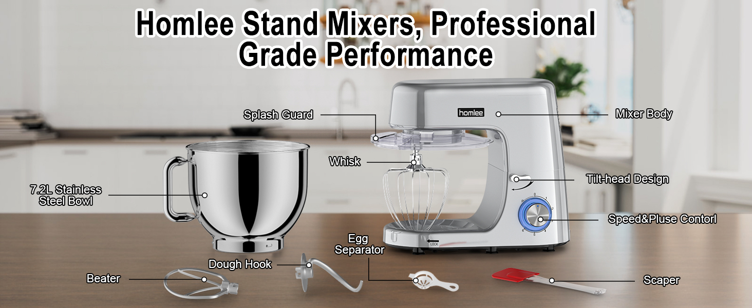 Кухонна машина-міксер 1800W з чашею 7.2L з нержавіючої сталі, 6 швидкостей, низький шум, багатофункціональна (срібна)