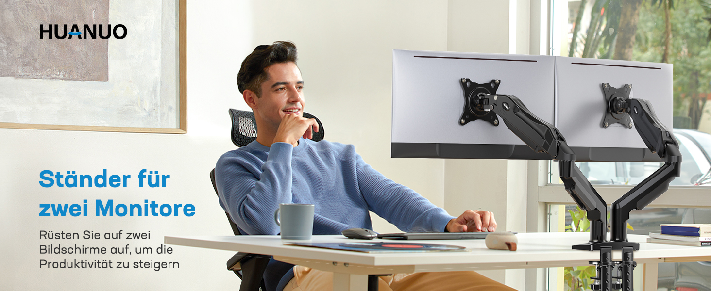 Кріплення для монітора HUANUO - 2 монітори, 13-32 дюйми, гнучкий, VESA 75/100, чорний