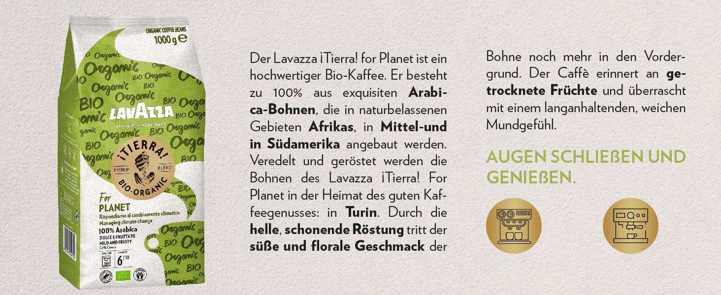 Кава в зернах Lavazza Tierra For Planet, 100% органічна арабіка, легкого обсмаження для еспресомашини, м'який фруктово-квітковий смак, 1 кг