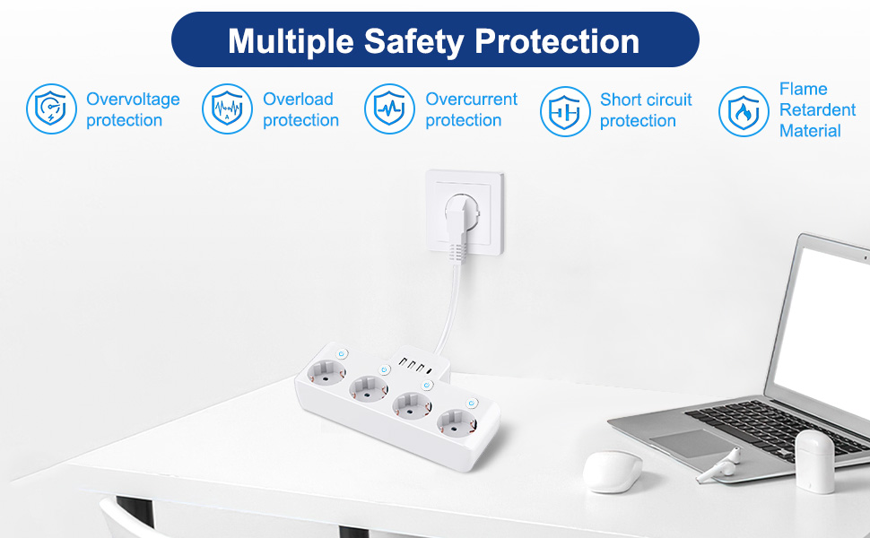 Мережевий фільтр з USB, 4 розетки з індивідуальним вимикачем, 3 USB та 1 Type-C (5V 3.4A) для кухні, вітальні, спальні, офісу