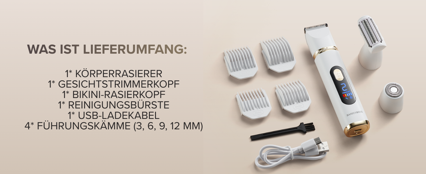 Електричний тример-голениця для жінок 3-в-1 BarberBoss SmoothCare для тіла, бікіні та обличчя, з 4 насадкою-гребінцями та LED-дисплеєм (Білий, Шампань)