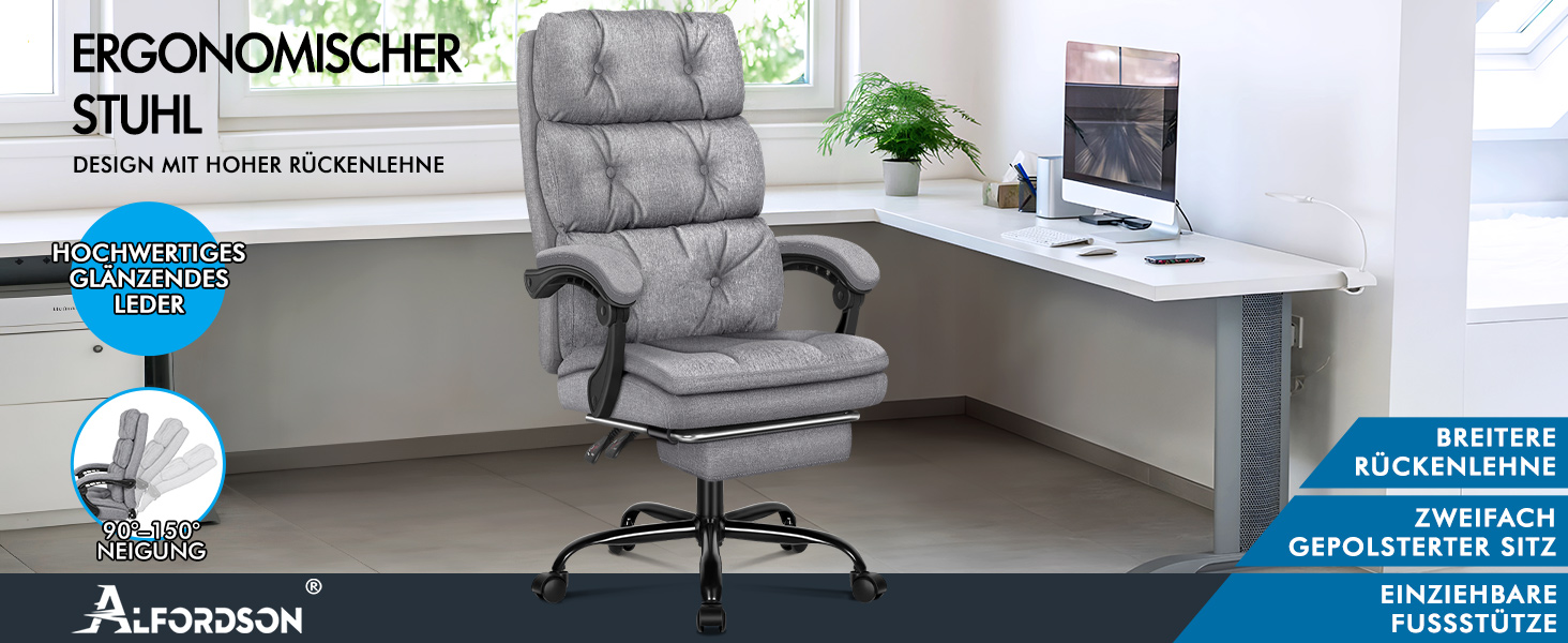 Офісне крісло ALFORDSON з регулюванням нахилу 150°, обертання 360° та підставкою для ніг, PU-шкіра, глянцево-чорний (Palmer - сірий льон)