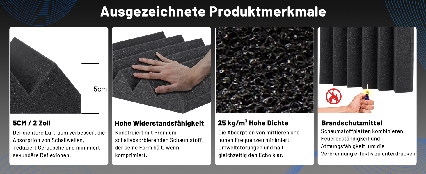 Акустичний поролон для звукоізоляції, панелі шумопоглинаючі 5х30х30 см, висока щільність, набір 50 шт