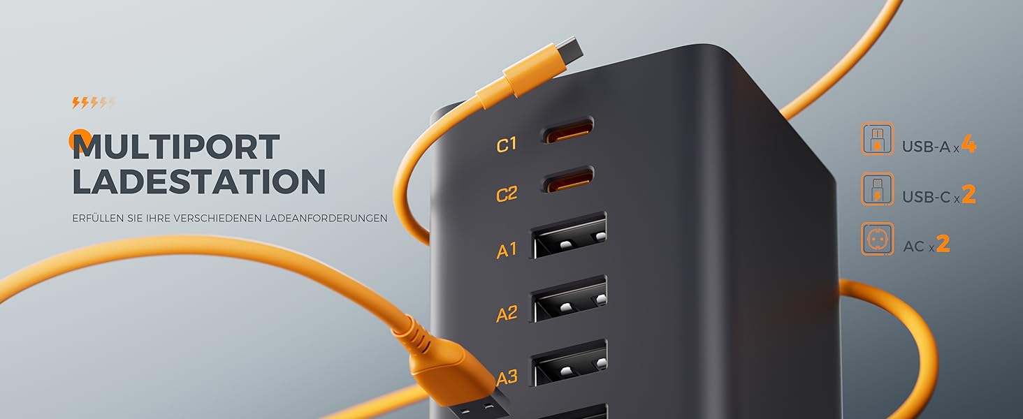 Зарядний пристрій TESSAN 6 в 1 з 6 портами USB, 65W, з кабелем 2м, для телефонів, планшетів та іншого, білий/чорний