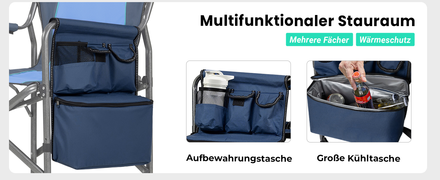 Кемпінговий стілець OVERMONT складний з бічним столиком та охолоджувальною сумкою, до 180 кг, синій