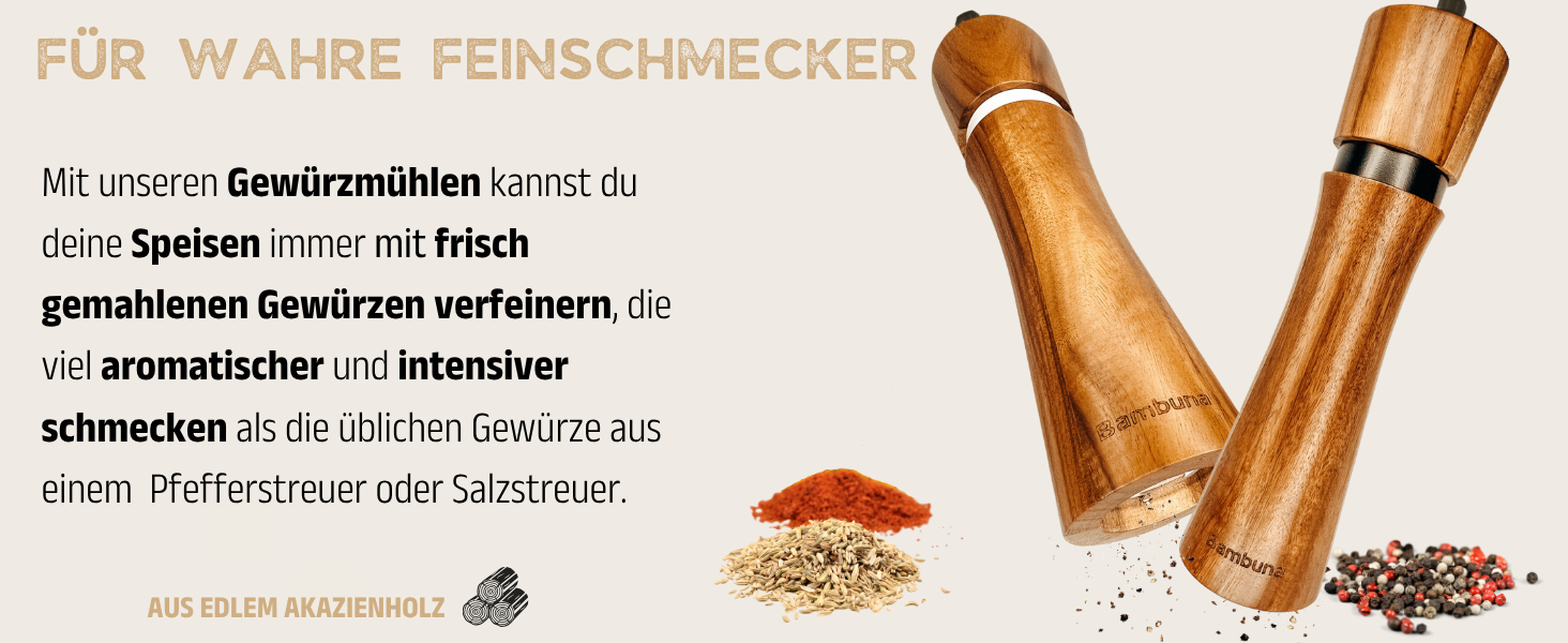 Набір для перцю та солі BAMBUNA з акацієвого дерева - 5 шт. з регульованою керамічною жорна - ручна млинка з підставкою та ложкою - Made in Germany