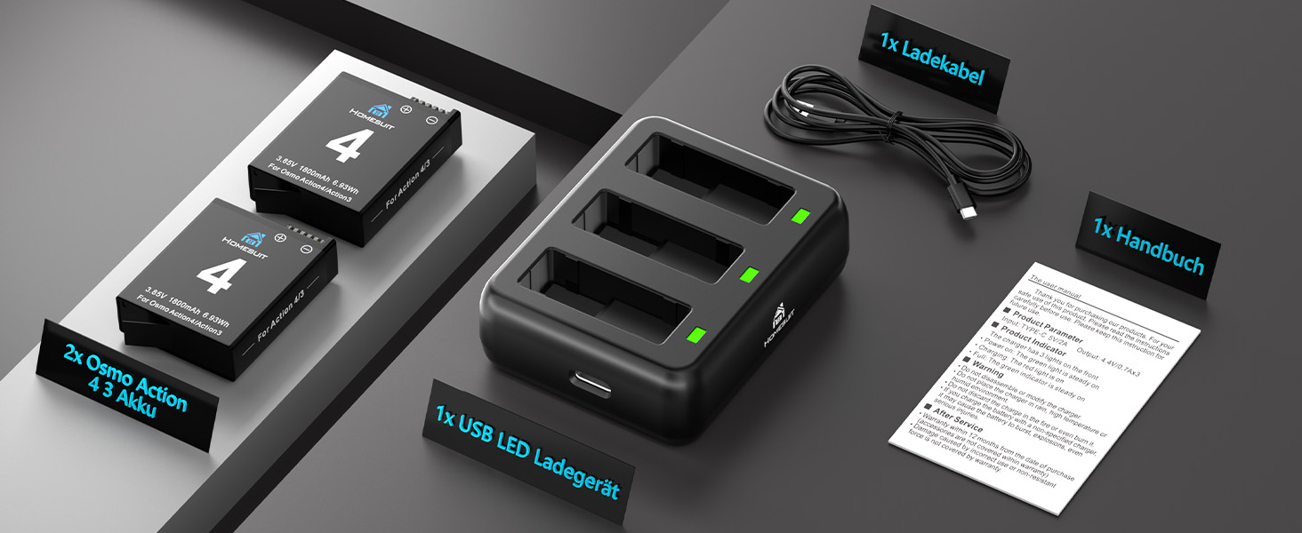 Набір акумуляторів та зарядного пристрою Homesuit для DJI Osmo Action 4/3: 2x акумулятор 1800mAh, Dual USB LED Charger