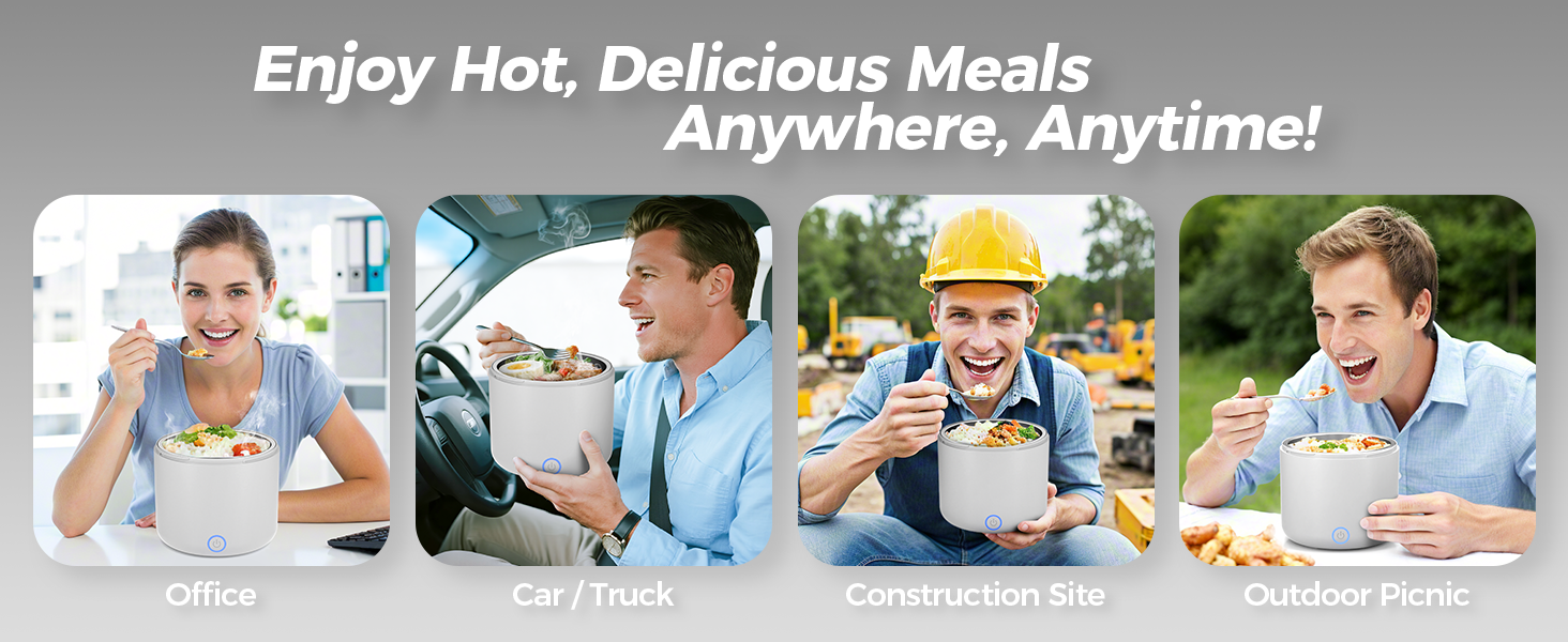 Електрична ланчбокс 80W для дорослих з термосумкою, нержавіюча сталь, виделка та ложка, 2 контейнери по 1.5л, 3-в-1, 12/24/110~230V, витокозахист, ланчбокс для авто, вантажівки, офісу (сірий, 1.2л, євро-штекер)