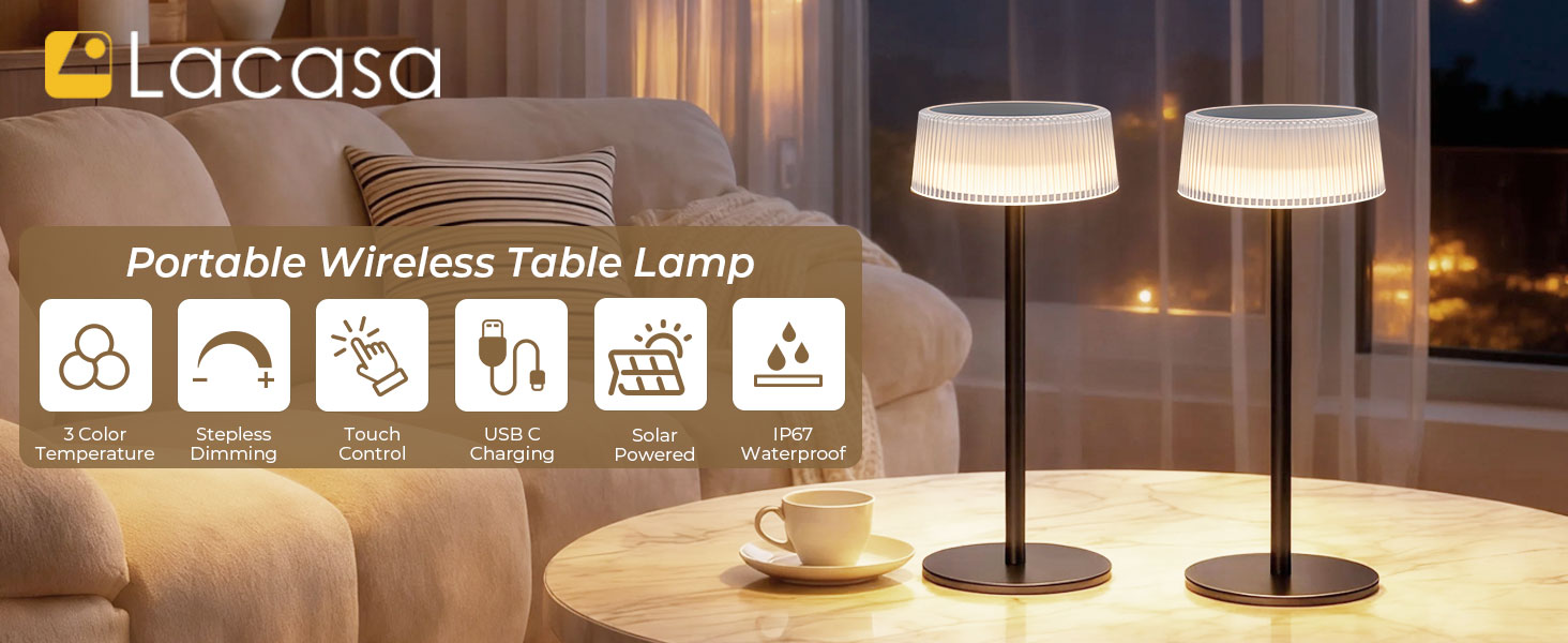 Світлодіодний акумуляторний настільний світильник Lacasa Solar 2 шт, димується, водонепроникний IP67, для дому, саду, спальні