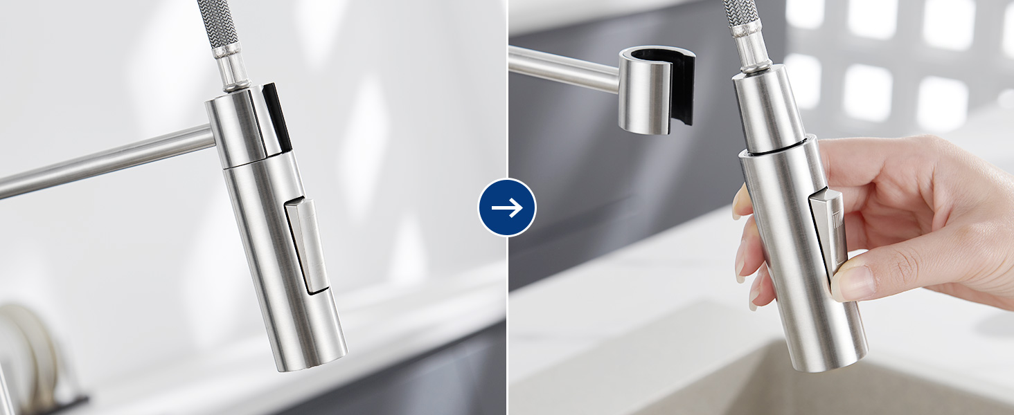 Змішувач кухонний CECIPA з витяжною насадкою, висувний, з двома режимами струменя, поворотний на 360°, одноlever, нержавіюча сталь, срібло