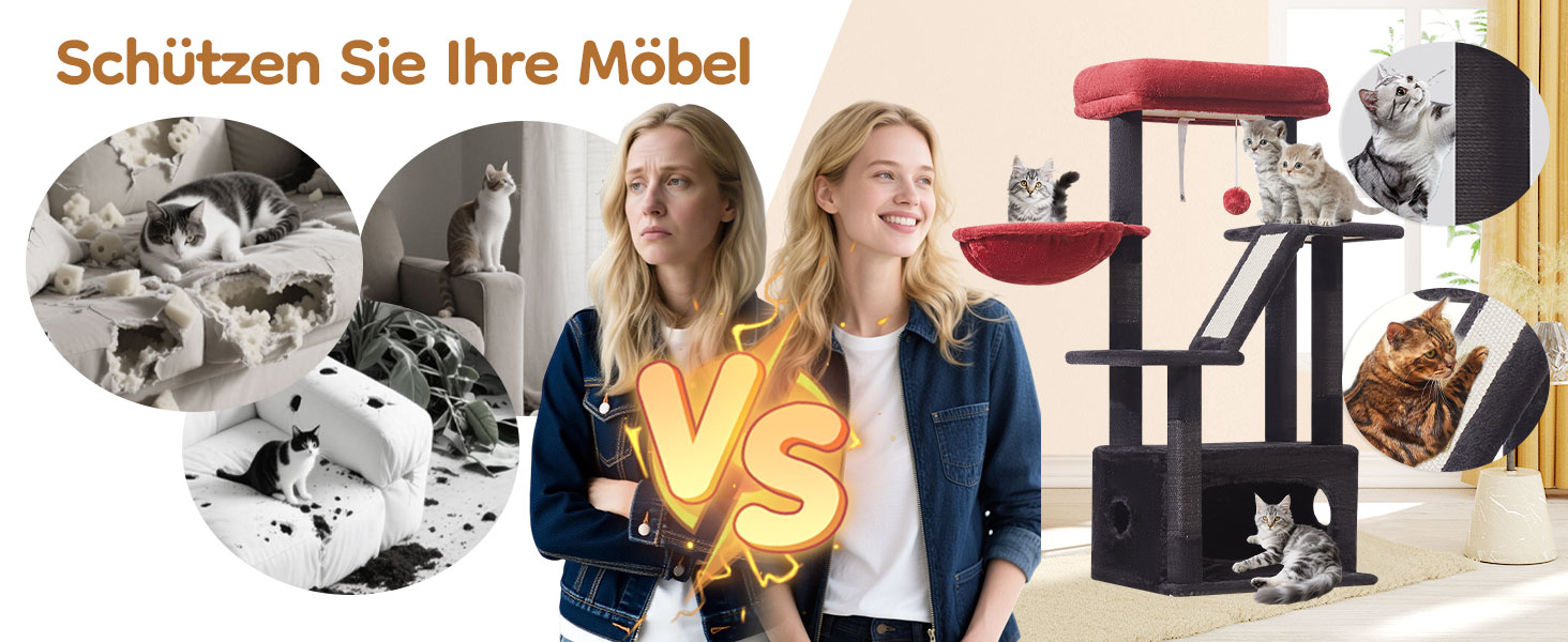 Драбина для котів Taoqimiao Klein, 98 см, з будиночком, корзиною, 4 стовпчиками для шліфування та іграшками, MS029SW (Чорний + Червоний)