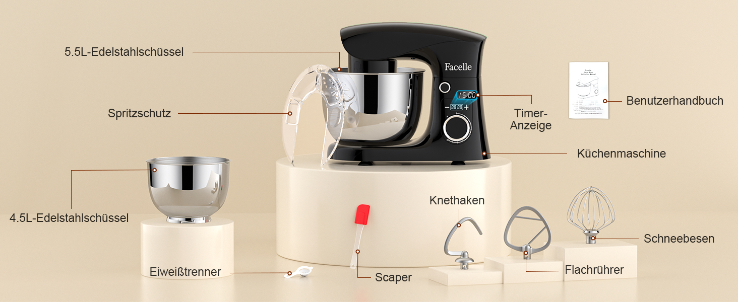 Кухонна машина-міксер Facelle 1500W з чашею 5.5л/4.5л, 10+ програм, чорний