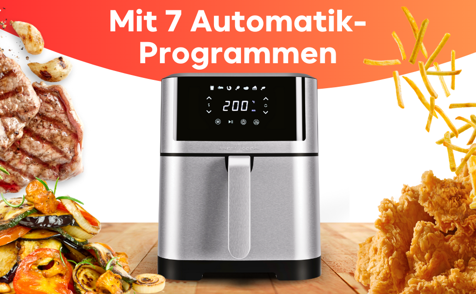 Фритюрниця ProfiCook® Heißluft XXL 8л з нержавіючої сталі | Airfryer з 7 програмами | Модель 2024