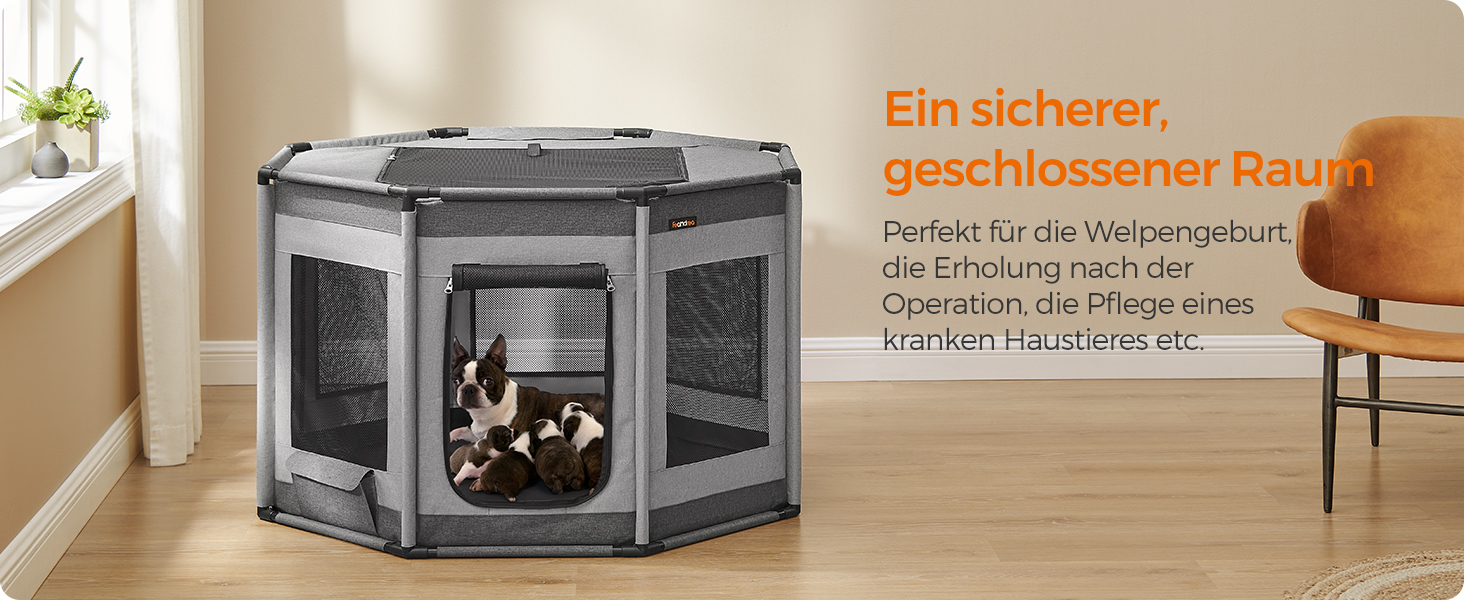 Клітка-вольєр для цуценят Feandrea Oxford, восьмикутна, XL, 112 x 112 x 76 см, з PVC-каркасом та дихаючою сіткою, з кишенею, сіро-сіра, PDC006G01 XL