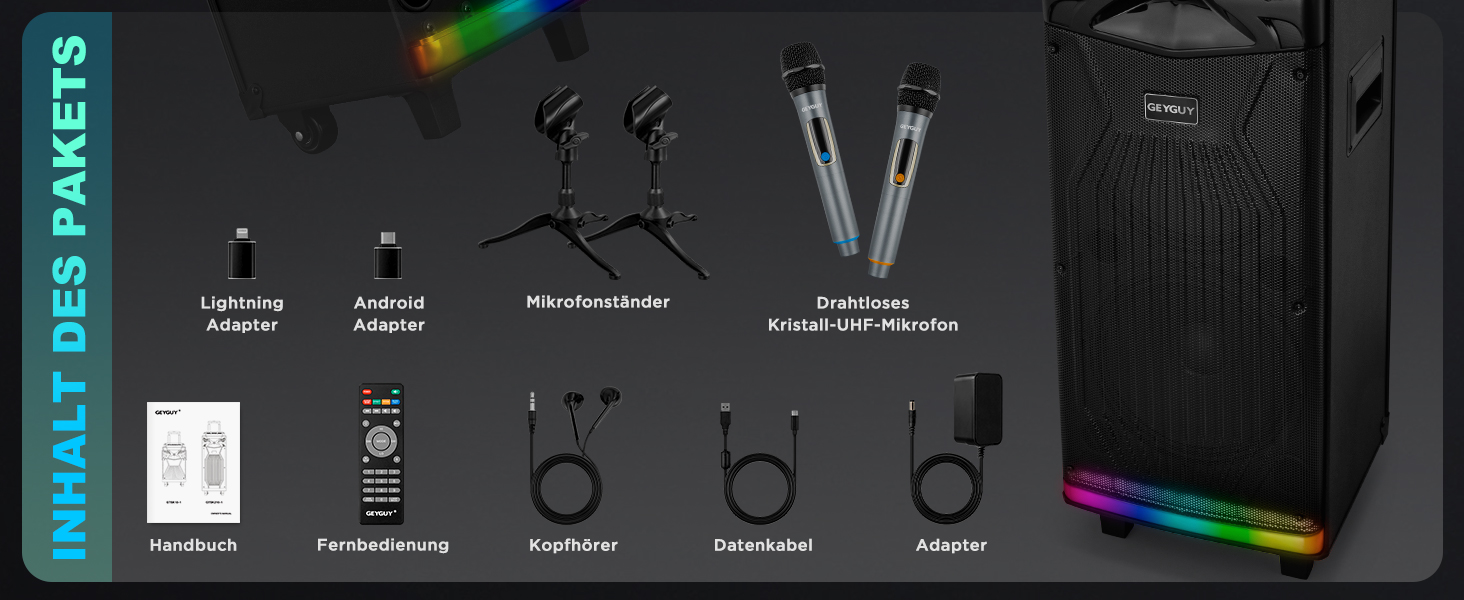 Bluetooth Караоке Машина DSP з 2 Мікрофонами та 2 × 10” Динаміками, Портативна PA-система для Дорослих та Дітей, USB-C Запис, Ефекти DJ, FM, Підтримка TV/Проектора GTSK210-1