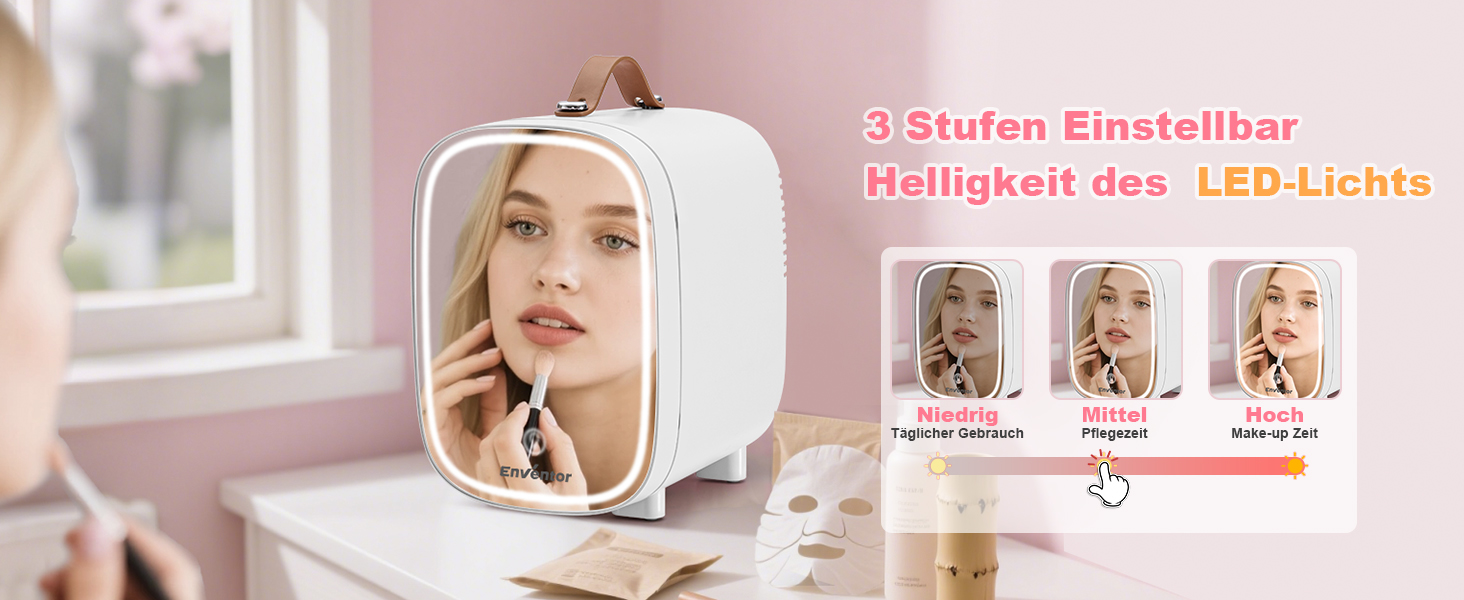 Mini-холодильник Enventor на 6 банок: косметичний холодильник з регульованим LED-дзеркалом, AC+12V DC, охолоджувач та нагрівач для спальні, дому, авто/догляду за шкірою та харчовими продуктами (білий, 4L)